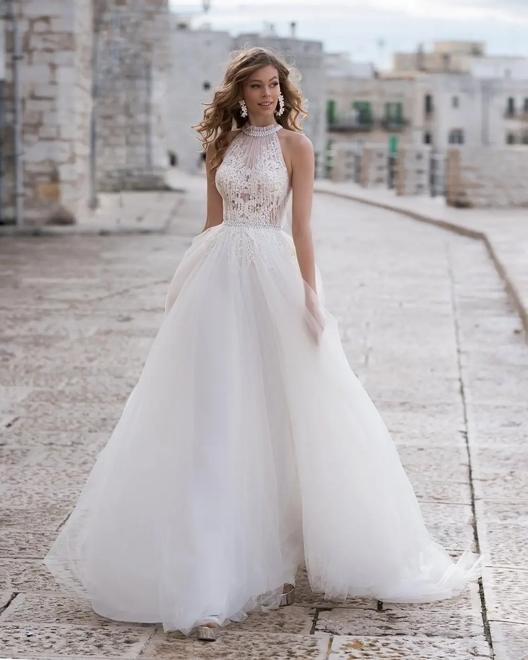 

Tulle Halter Floor Length A Line Wedding Dress 2022