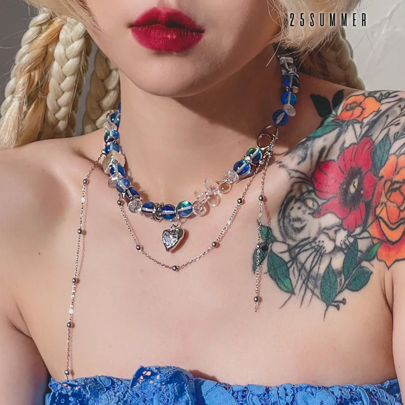 

Minar Punk Silver Color Heart Shape Pendant Necklace for Women Ladies Blue Color Crystal Beads Chokers Necklaces Accessories