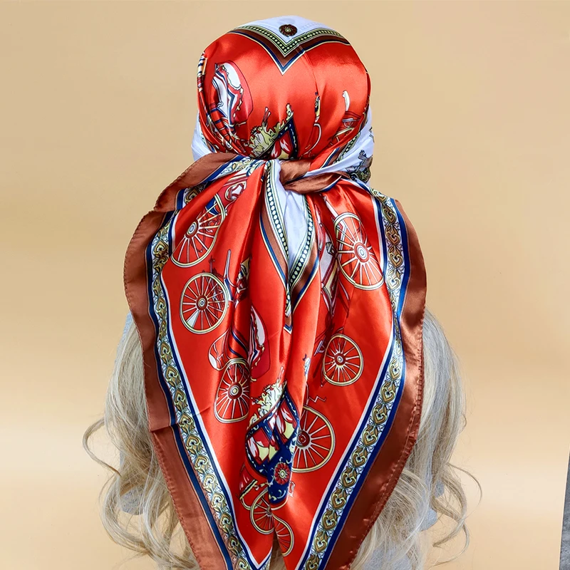 

Роскошный 2023 солнцезащитный Шелковый Хиджаб новые женские пляжные квадратные шарфы Модные всесезонные шали популярный дизайн 90x90 см головной платок