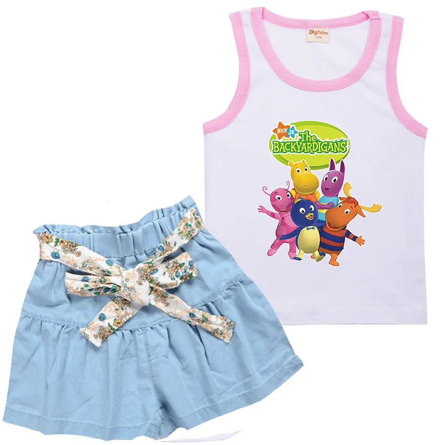 

Cartoon Backyardigans T Shirt Kids Summer Sleeveless Tops + A-line Shorts 2pcs Sets Toddler Girls Outfits Boys Halloween Clothes