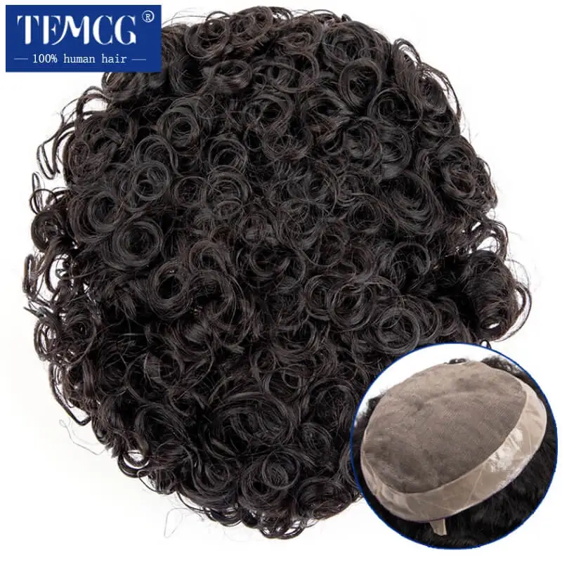 20mm Curly Hairpiece Fine Mono Male Hair Prosthesis Men Toupee 100% Indian Human Hair  7" Male Wig Exhuast Systems Men Wig