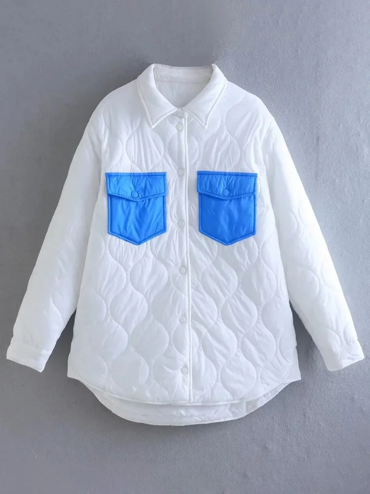 Contrast Color Pocket Quilted Cotton Padded Coat Women's Parkas Autumn Winter Lapel Single Breasted Thickened Warm Coat Outwear