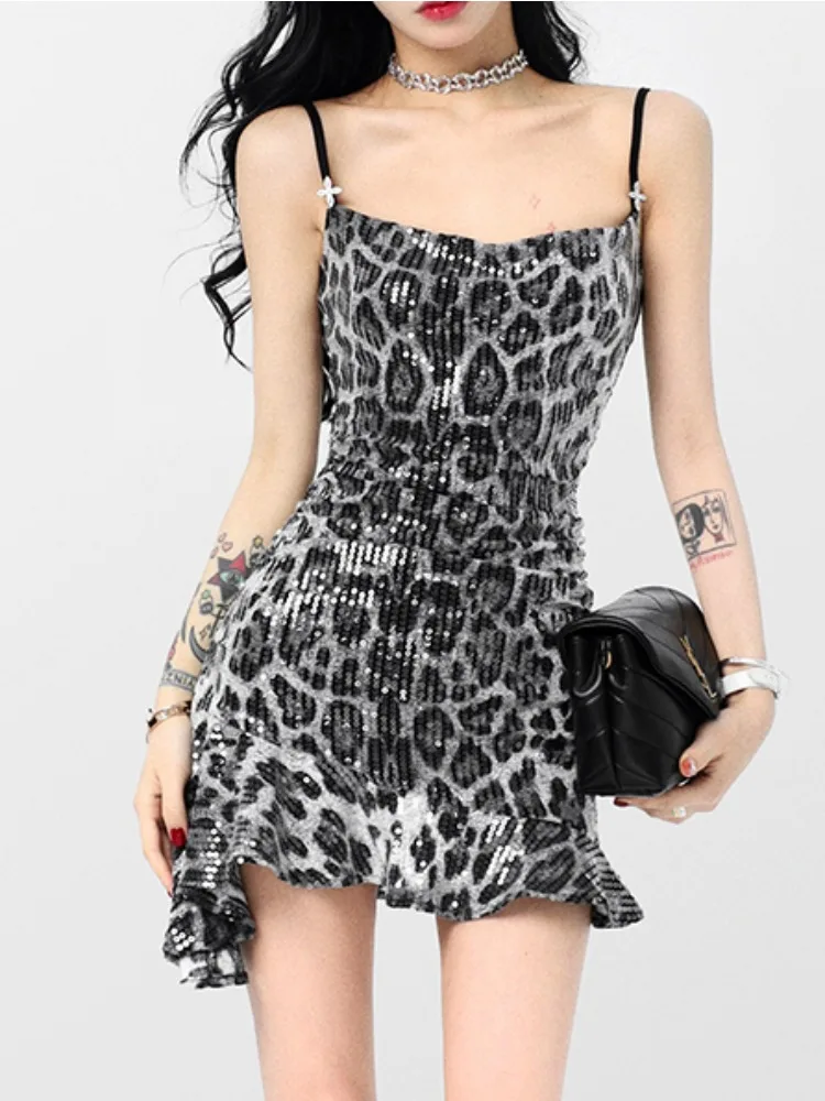 

Black Leopard Print Suspender Mini Dress Summer Sexy Dress for Women Fashion Outfits Night Club Party Bodycon Mini Skirt