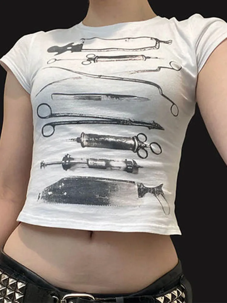 Темная укороченная футболка с принтом готические повседневные тонкие футболки