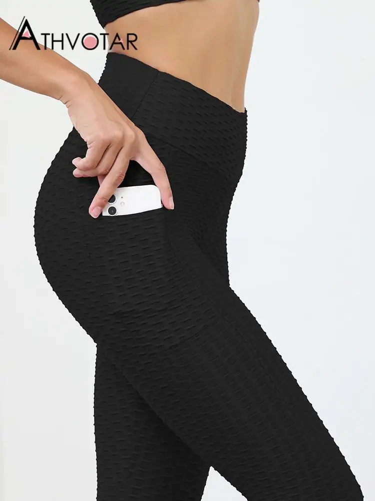 

ATHVOTAR 2PCS Leggings Seamless Sexy Women Pocket High Waist Jacquard Pants Fitness Leggings Bubble Push Up Gym Workout Leggings