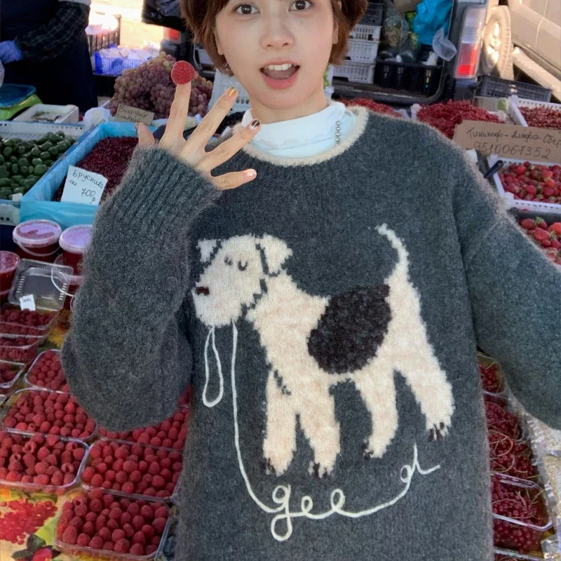 2024 японский осенний новый серый пуловер с круглым вырезом и щенком для женщин