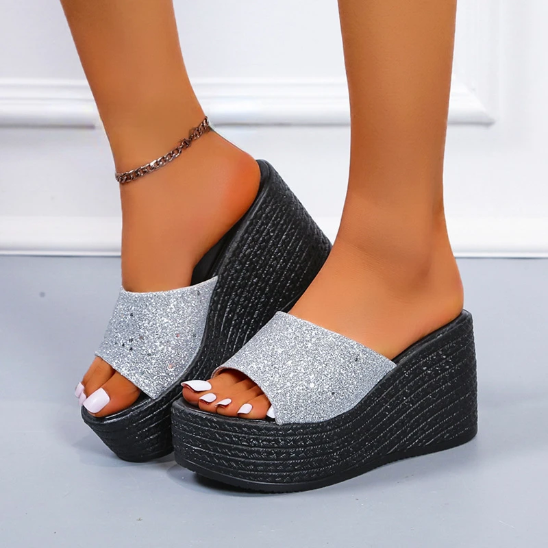 

2022 New Sequined High-heeled One-word Slippers Women Summer Outer Wear Platform Beach Comfort Sandals on Offer Free Shipping