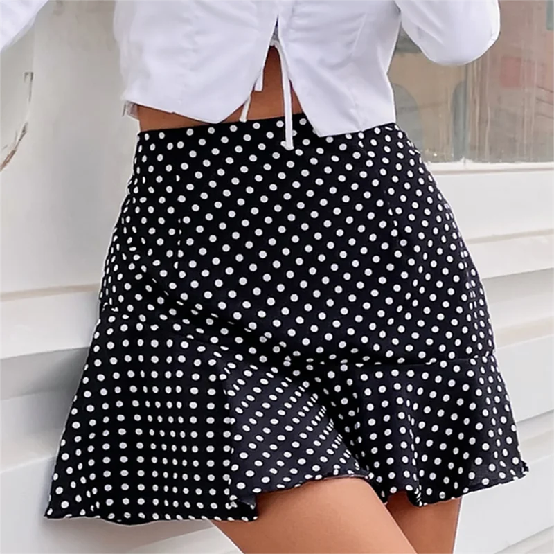 

High Waist Polka Dot Ruffle Hem Skirts Women New Fashion High Street Zip Back Summer Casual Mini Skirt Female Bottoms