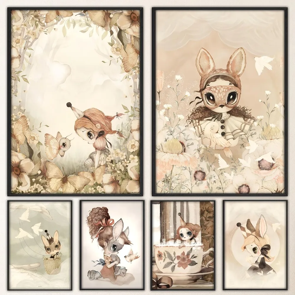 Бежевый постер с кроликом для девочек настенная художественная наклейка