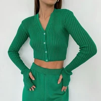 casual two piece sets for female v neck long sleeve cropped top with high waist pant womens casual knitting suits vintage 2021