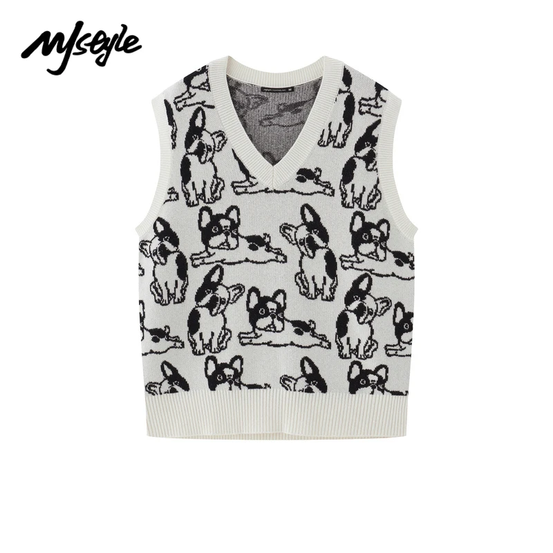 

MJstyle 2022 Spring Pet Dog Print Casual V-neck Knit Vest Korean INS Street Fashion Boy Friend Style 522190020