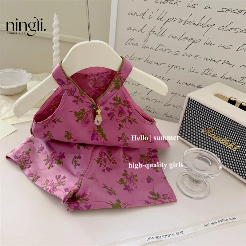 Фото Летняя одежда Hanfu для девочек, детский новый китайский комплект Cheongsam в национальном стиле, комплект одежды Тан для маленьких девочек №3