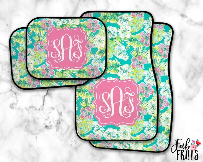 

Monogrammed Hibiscus Car Mats Hawaiian Floor Mats Tropical Car Accessories Personalized Car Mats For Women Jungle Juice