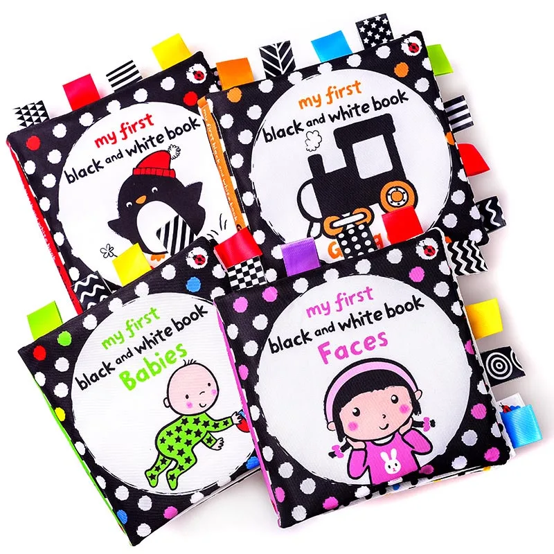 

Книга детская Монтессори из сенсорной ткани, детская игрушка контрастной расцветки для новорожденных 0-12 месяцев, тканевые книги с черными и белыми животными для младенцев