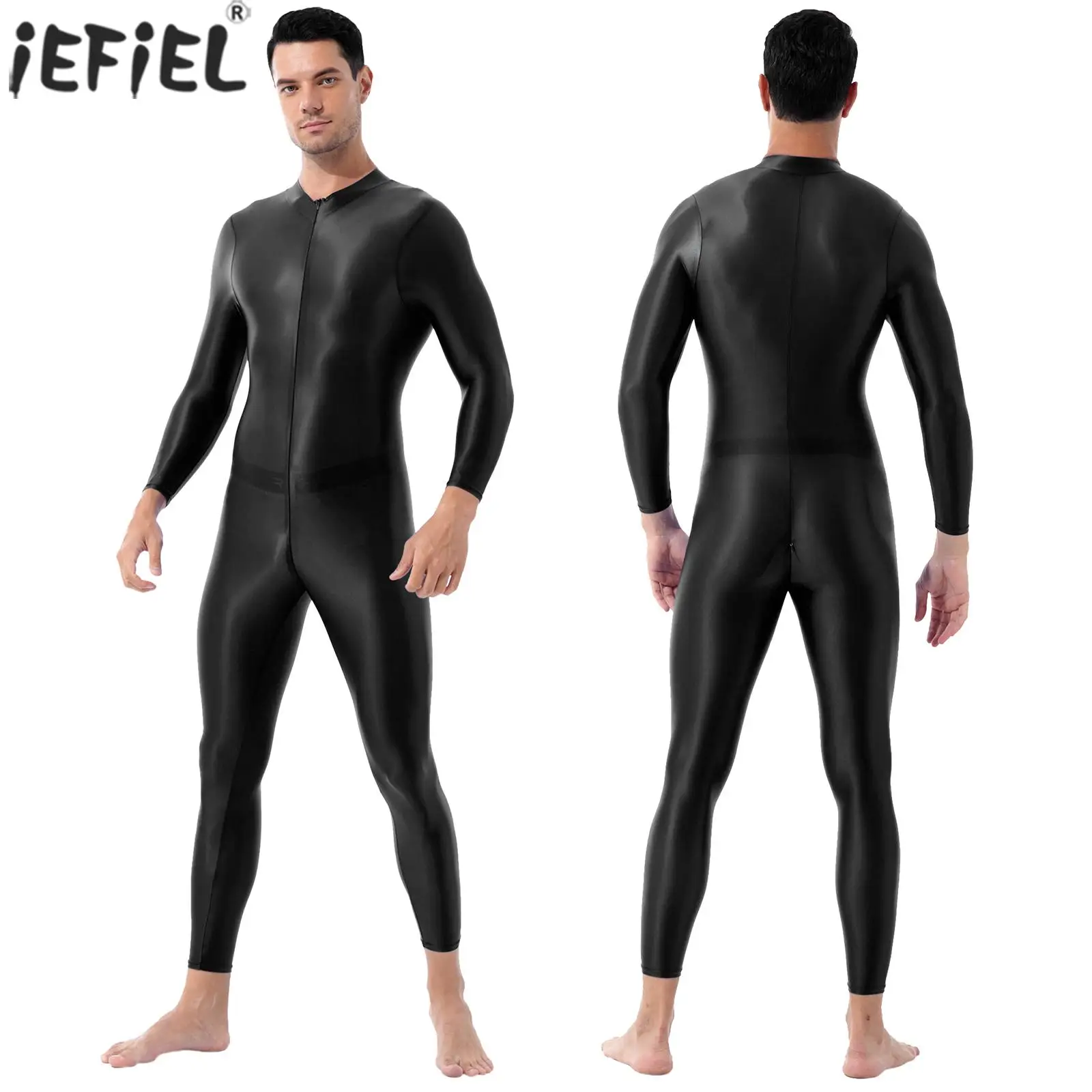 

Mens One-piece Black Shimmery Smooth Lingerie High Neck Long Sleeves Ankle Length Double-ended Zipper Leotard Bodysuit Jumpsuit
