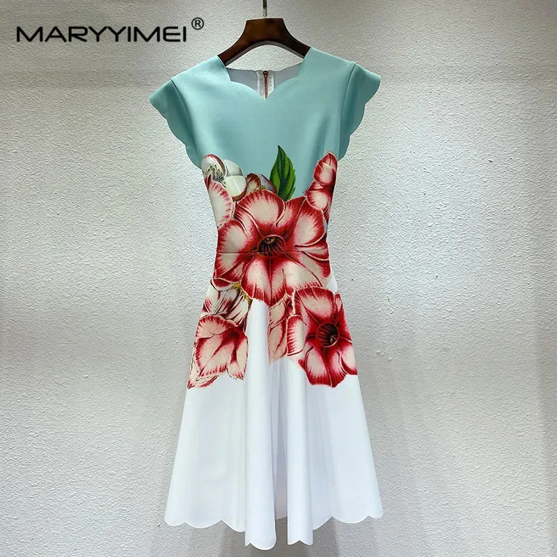 

MARYYIMEI Fashion Summer Plus Size Short Dress Women's Charming Big Flower Print Color Matching Dresses Vestdios XXL