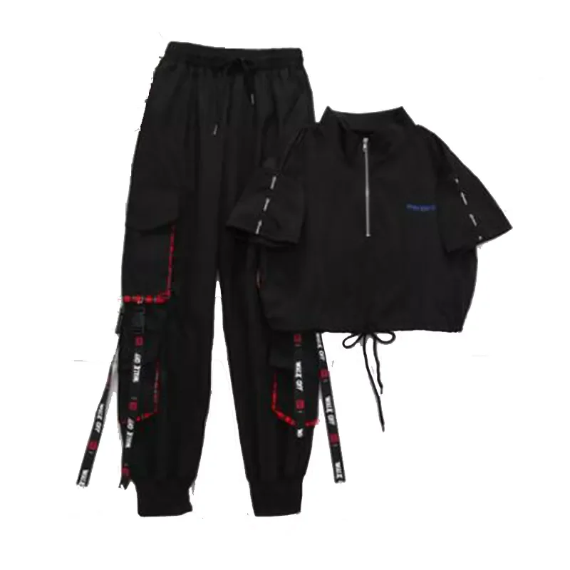 

2023New Women High Waist Cargo Pants Cool Girls Handsome Two-Piece Pants Women Streetwear Cargo Pants Black Ankle Length Elastic