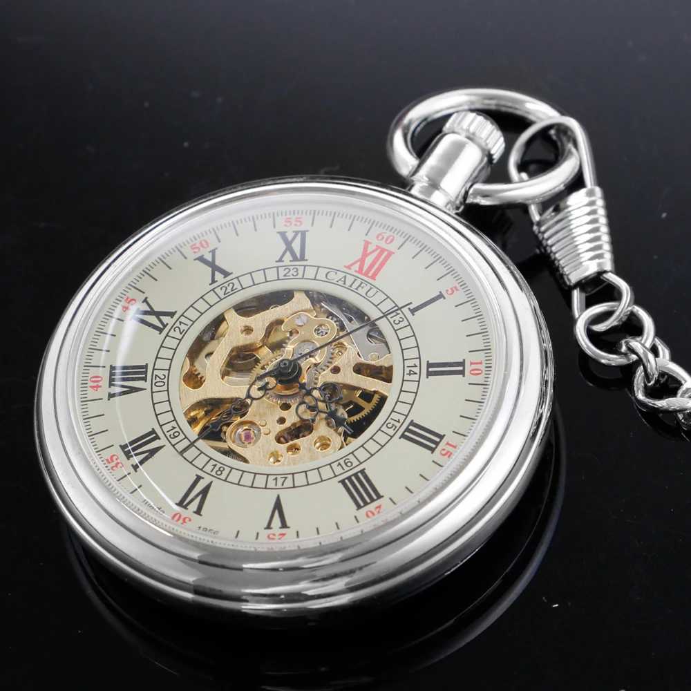 Silver Vintage Classic British Style Steam Punk Skull London Mechanical Pocket Watch Fob Chain Clock Men's and Women's Gift