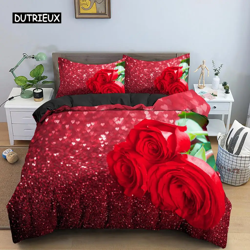 

Комплект постельного белья из полиэстера с цветочным рисунком, роскошный романтический комплект из 2/3 предметов с 3D красным розовым одеялом