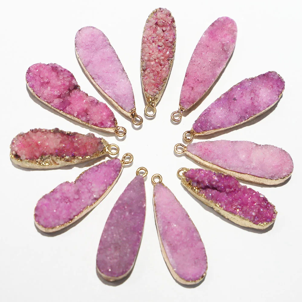 

Natural Rose Red Water Drop Druzy Stone Necklace Pendants Metal Mineral Specimen Agate Slice Charms Geode Rough For Jewelry 6Pcs