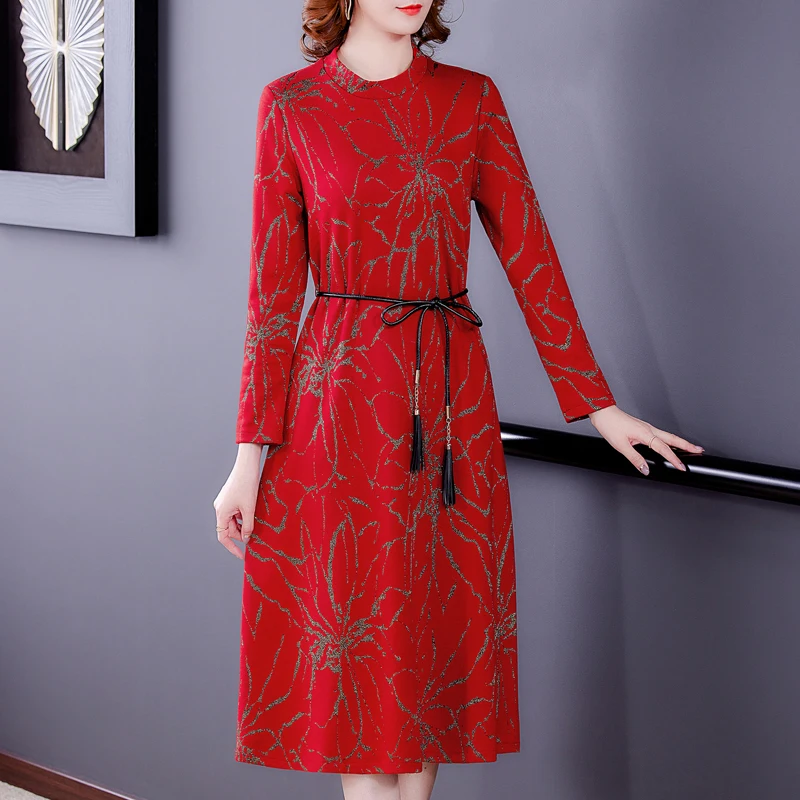 

2022 Women Red Print Mink Velvet Midi Dress Autumn Winter New Long Sleeve Thick Warm Dress Korean Vintage Elegant Vestidos