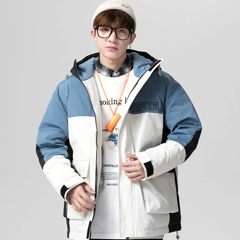 Модные зимние мужские свободные куртки с капюшоном на белом утином пуху теплое