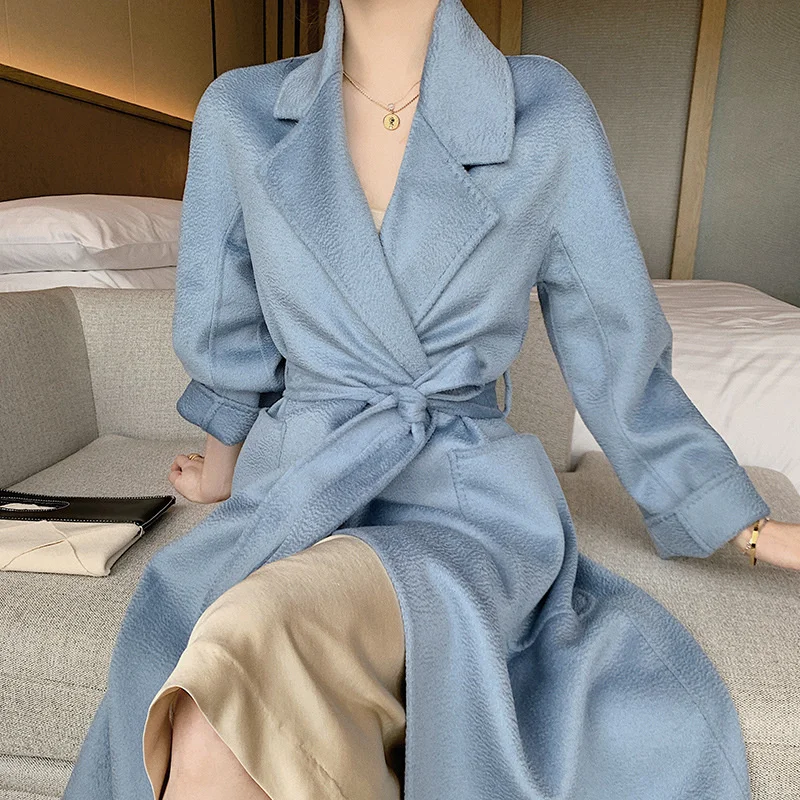 

Autumn and Winter 2022 New Water Ripple Double sided Wool Coat Women's Long Lace up Woolen Coat