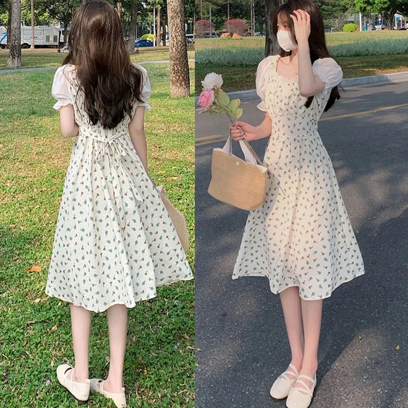 

Womens Floral Ruffle Summer Dress Sundress Square Neck Puffed Dress for Women