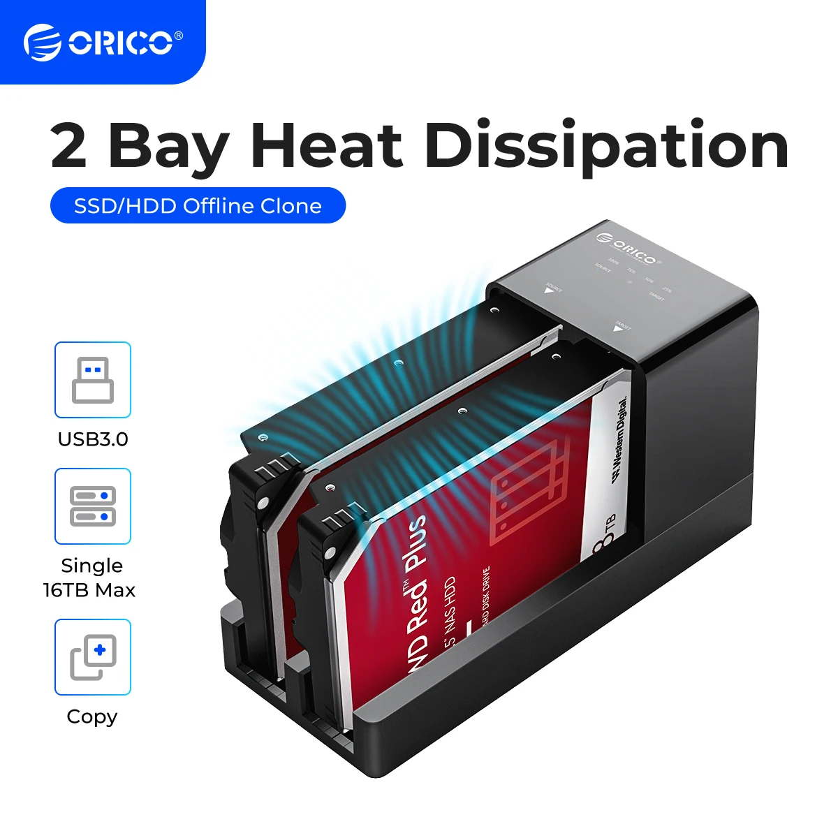 Фото ORICO 2-этажная док-станция для жесткого диска с автономным клоном SATA-USB 3.0 Док-станция для жесткого диска для корпуса жесткого диска 2,5/3,5 дюйма №1