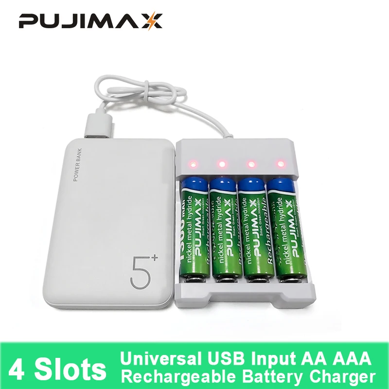 

PUJIMAX 4 Slots Universal USB Output Battery Charger Adapter For AA/AAA Battery Rechargeable Quick Charge Battery Charging Tools