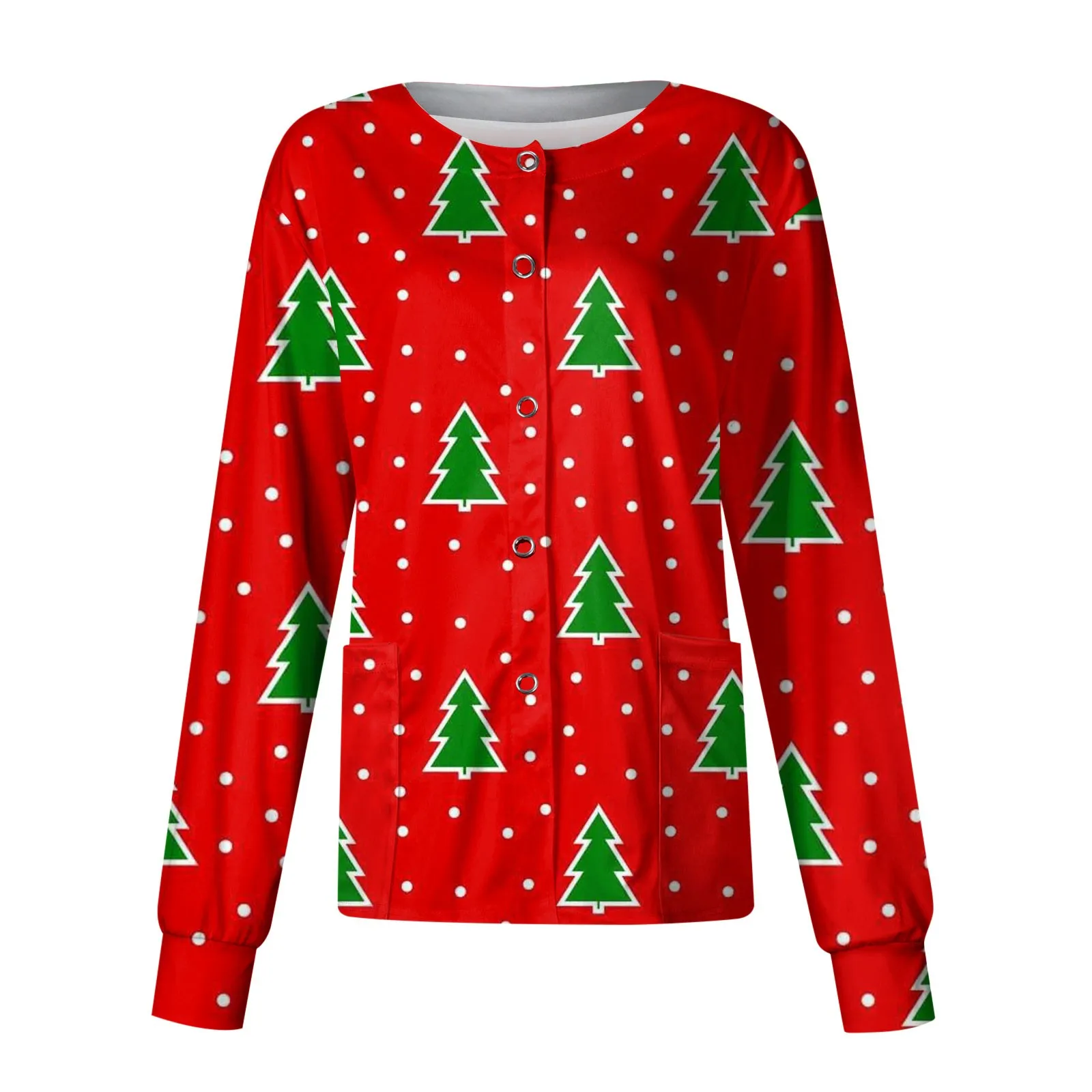 

Women Long Sleeve Christmas Print Pattern Pocket Working Stand-Up Collar Single-Breasted Protective Overalls Cardigan Jacket Top