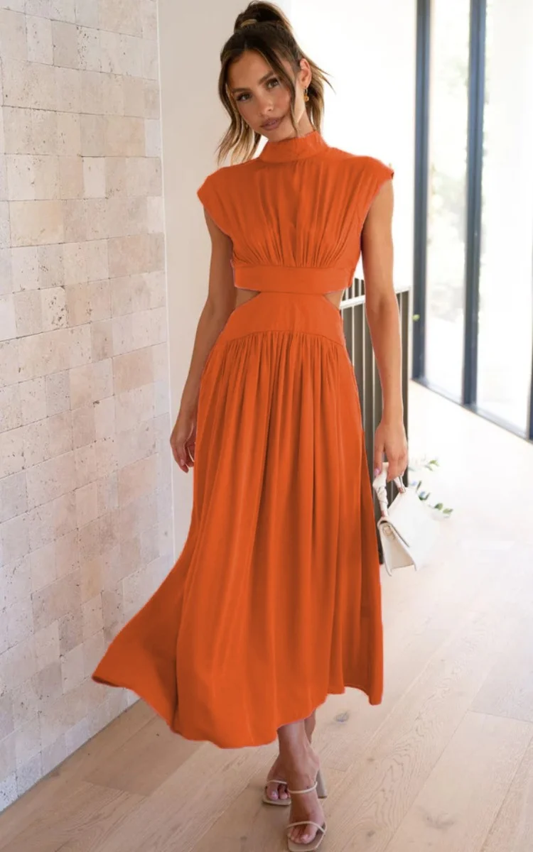 Women Green Hollow Out Maxi Dress Solid Fashion Sleeveless Backless Female Dresses Elegant Casual Ruched Long Dress Summer 2023