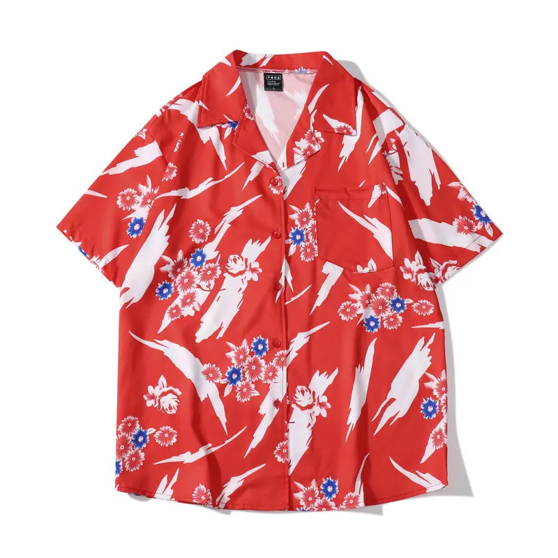 

Oversize Blouse Men Clothing Red Hawaiian Shirt Summer Flower Print Shirt Short Sleeve Chest Pocket Casual Vintage Beach Shirts