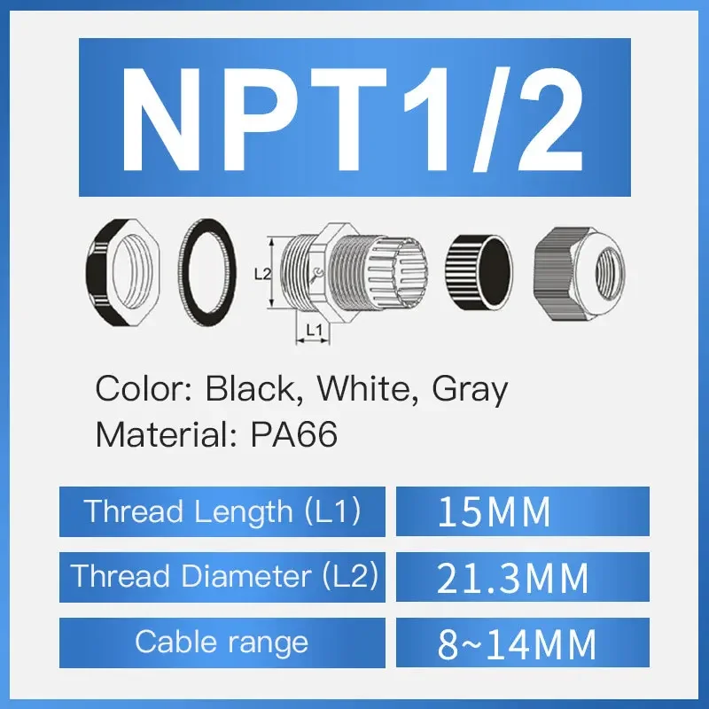 

10 шт. водонепроницаемый кабельный ввод IP68 NPT 1/4 NPT 1/2 NPT 3/8 американский нейлоновый кабельный соединитель черный огнестойкий проводной разъем 4-25 мм