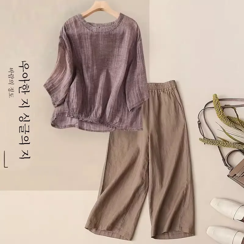 Свободный комплект из хлопка и льна для мам среднего пожилого возраста. Комплект