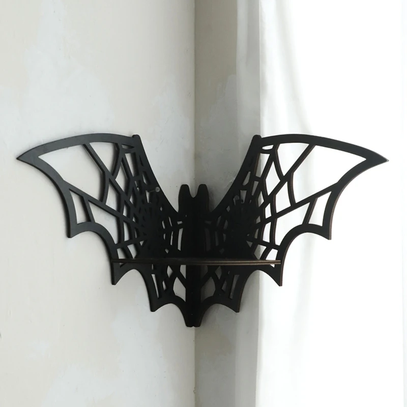 Bat Horn Frame Wooden Floating Corner Shelf Gothic Jewelry Display Stand