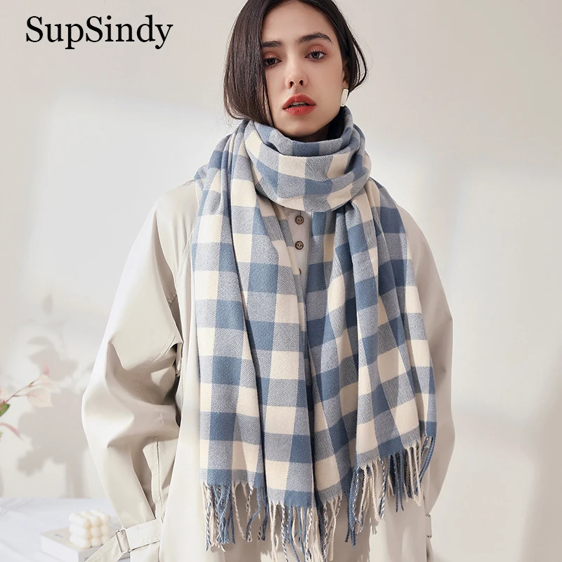 

SupSindy Winter Women Plaid Scarf With Tassel Thick Warm Cashmere Shawl Wrap Soft Pashmina Scarves For Women Cloak Poncho Female