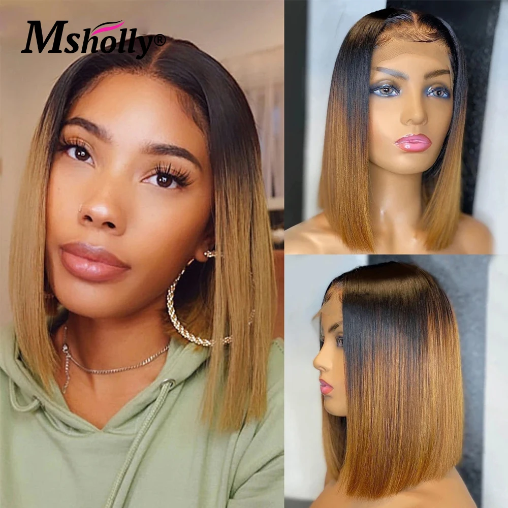 

Ombre 1b/27 Short Bob 13x4 Lace Front Wig Straight Bob Brazilian Remy Wigs Dark Roots Brown Lace Frontal Human Hair Pre Plucked