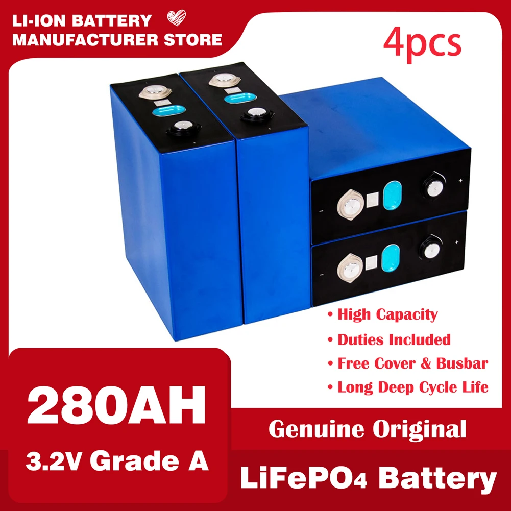 

Rechargeable 3.2V 280AH LiFePO4 Battery Grade A DIY Solar Lithium Iron Phosphate Cell for 12V 24V 48V Boat Golf Cart RV Forklift
