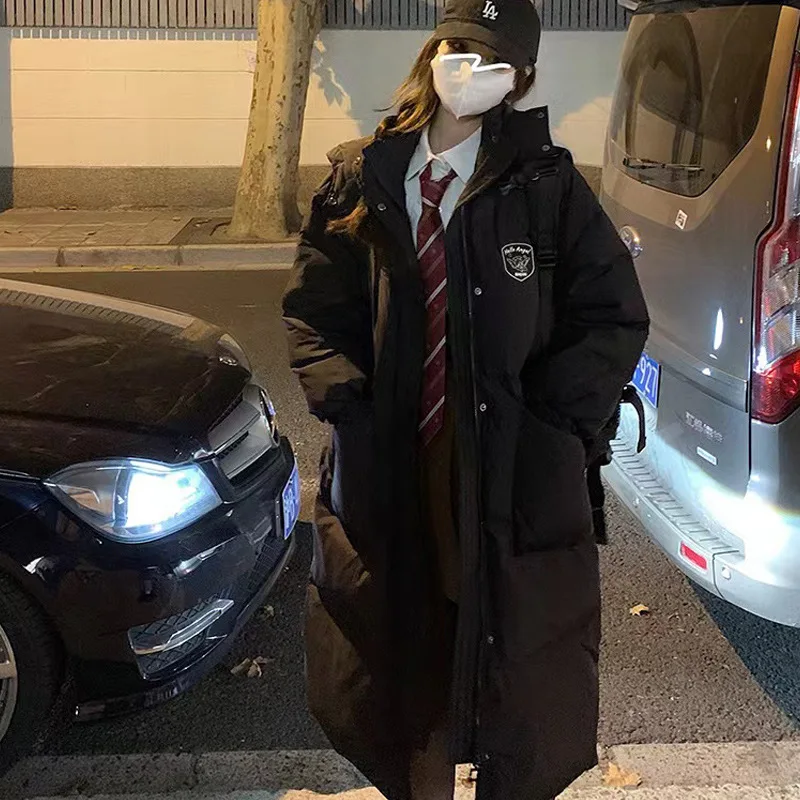 2022 Winter Knee Length Parkas for Women Korean Drama Girl Student Black Big Pocket Long Straight Hooded Coats Thickened Outwear