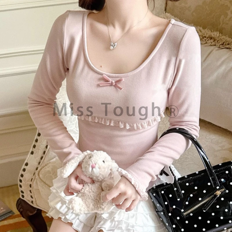 Женская розовая блузка с круглым вырезом и длинными рукавами бантом