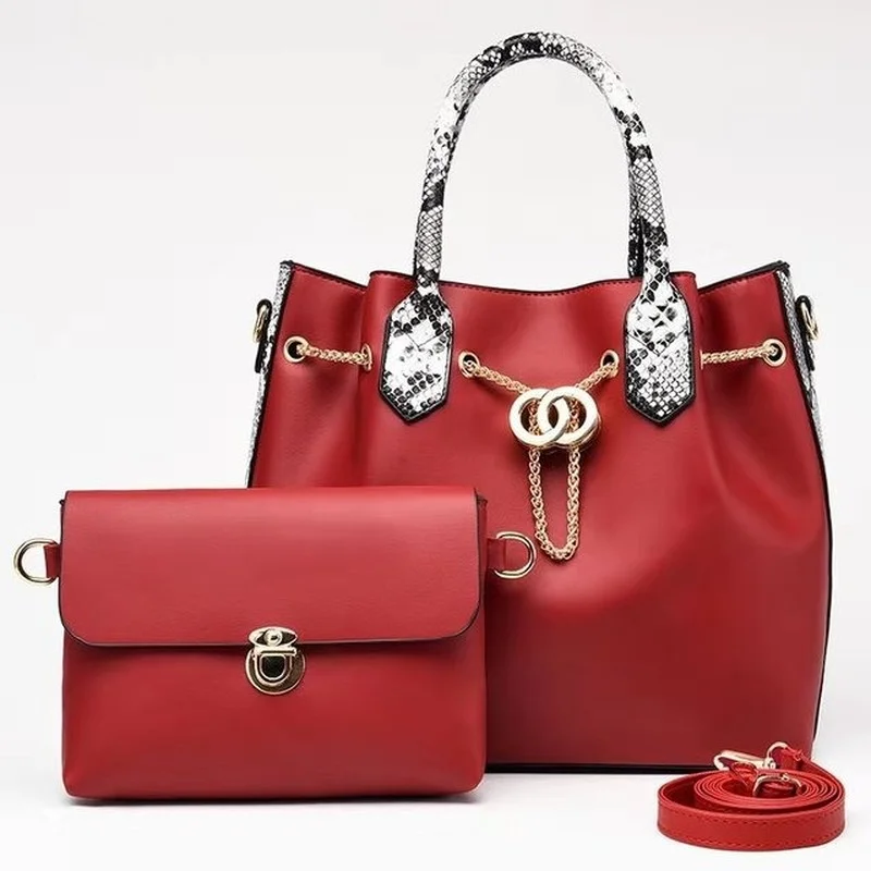 

Women Tote 2 Pcs Fashion PU Metal Chain Leather Ladies Handbag Serpentine Messenger Shoulder Bag Wallet Famous Brand New Color