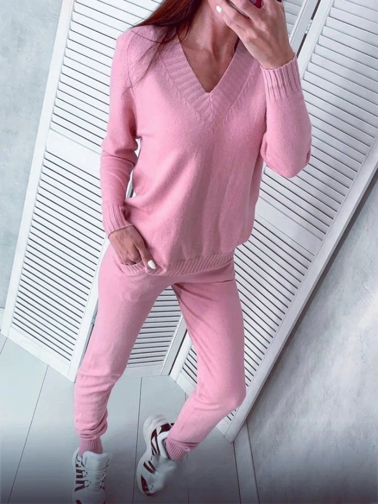 

Women Sets Two Pieces 2023 Winter V Neck Knitted Sweaters and Pants Sets Casual Solid Color Pullover Two Piece Set for Women