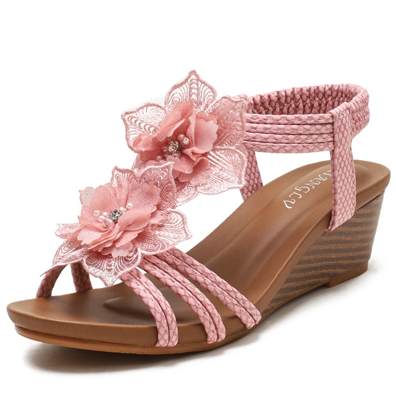 

Сандалии женские в римском стиле, богемный стиль, высокий каблук, цветочный узор, высокий каблук, летняя обувь для отдыха