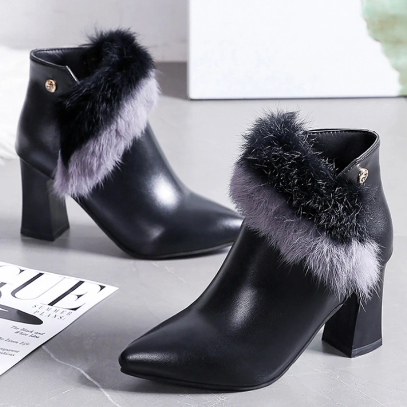 

Женские ботильоны на молнии, зимние короткие ботинки с острым носком, на высоком устойчивом каблуке, 2022