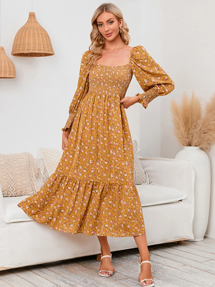 

Casual Flare Sleeve Chiffon Dress European and American Women Clothing 2023 Spring Square Neck Printing Comfortable Floral Skirt