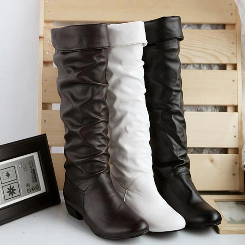 

PU Leather Knee-High Boots Fashion Women Autumn Boots Solid Flat Shoes Round Toe Pleated Rome Ladies Winter Shoes Size 35-43