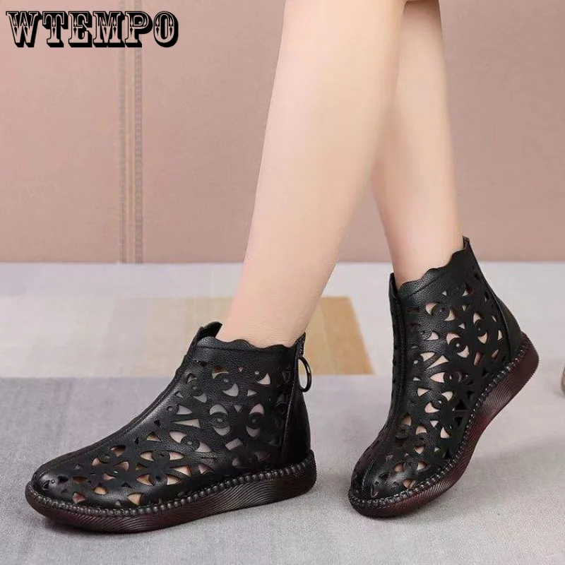 WTEMPO Summer Hollow Hole Sandals Women's Flat Roman Sandals Round Head Soft Bottom Large Short Boots Wholesale Dropshipping
