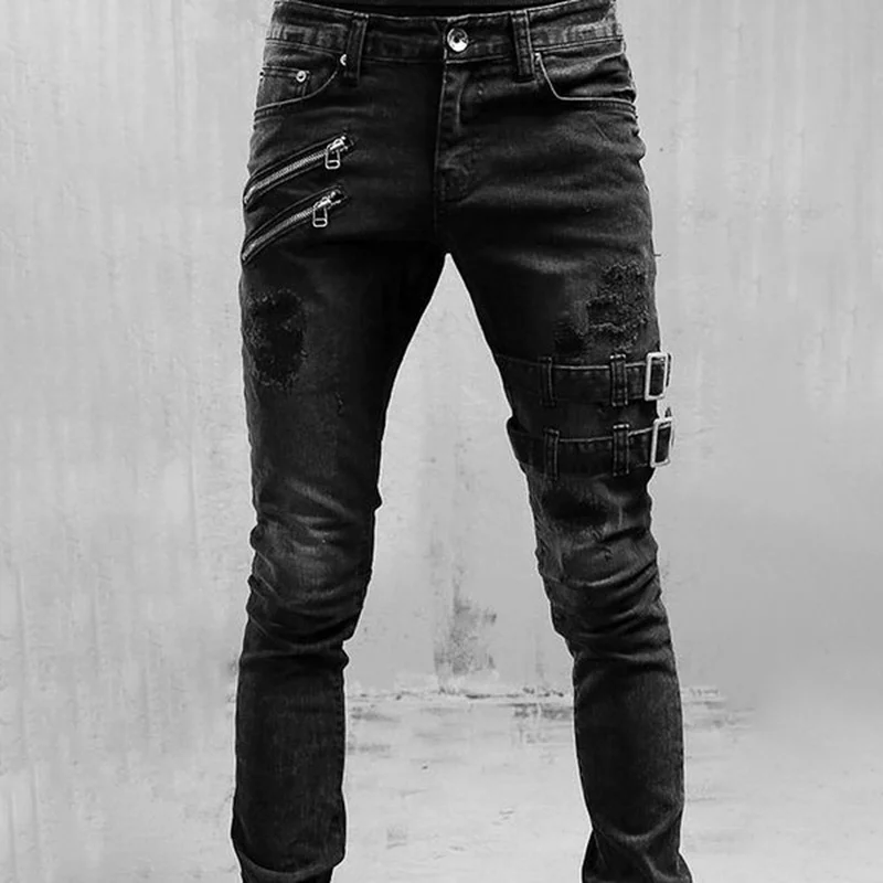 New Hole Zipper Jeans Men Spring Summer Boyfriend Jeans Men Streetwear Skinny Cacual Long Denim Pants Trousers