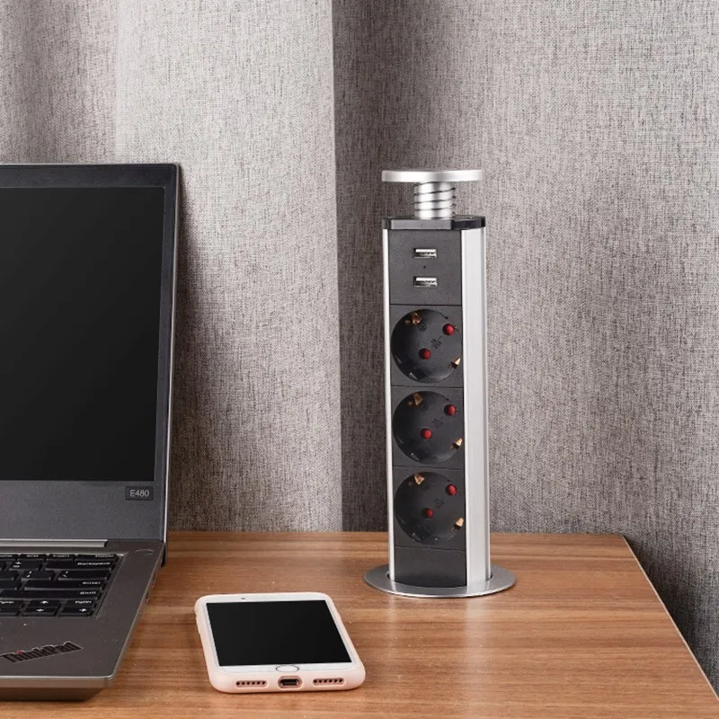 

EU Plug 3 power Kitchen Table Electrical Socket Desktop Sockets Power 1 Led+2 charge USB Aluminum Shelf